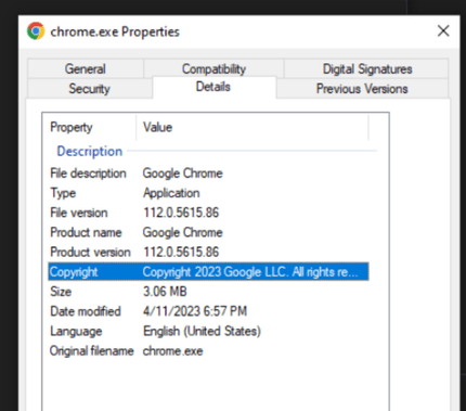 Showing chrome.exe file details